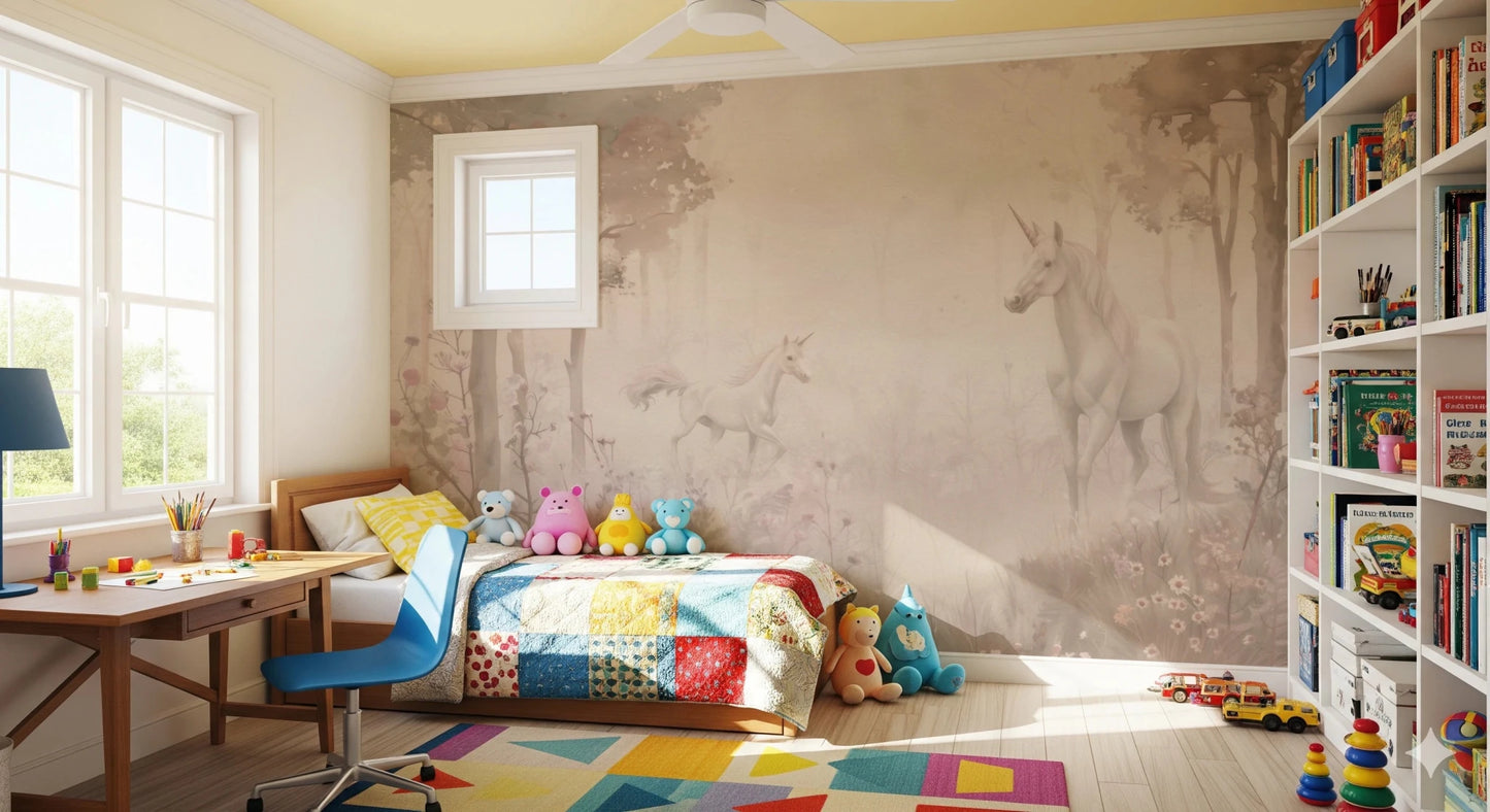 Unicorns in a Magical Dreamy Forest Shell Wall Mural adds charm to a playful room