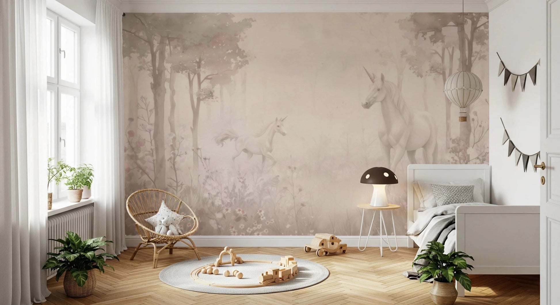 A light-filled kids room with Unicorns in a Magical Dreamy Forest Shell Wall Mural