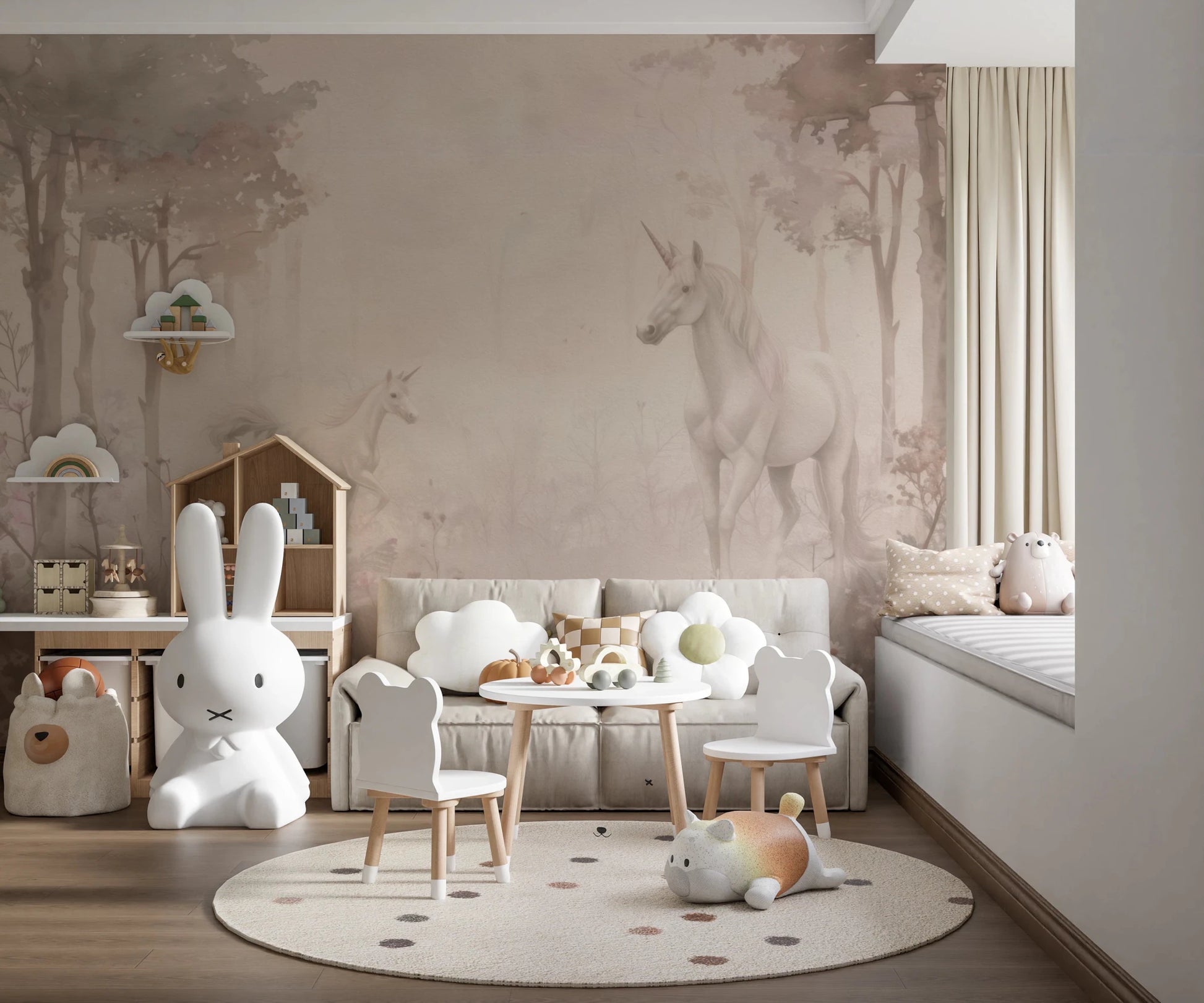 Unicorns in a Magical Dreamy Forest Shell Wall Mural brightens a soft nursery room