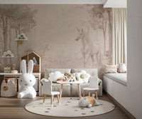 Unicorns in a Magical Dreamy Forest Shell Wall Mural brightens a soft nursery room