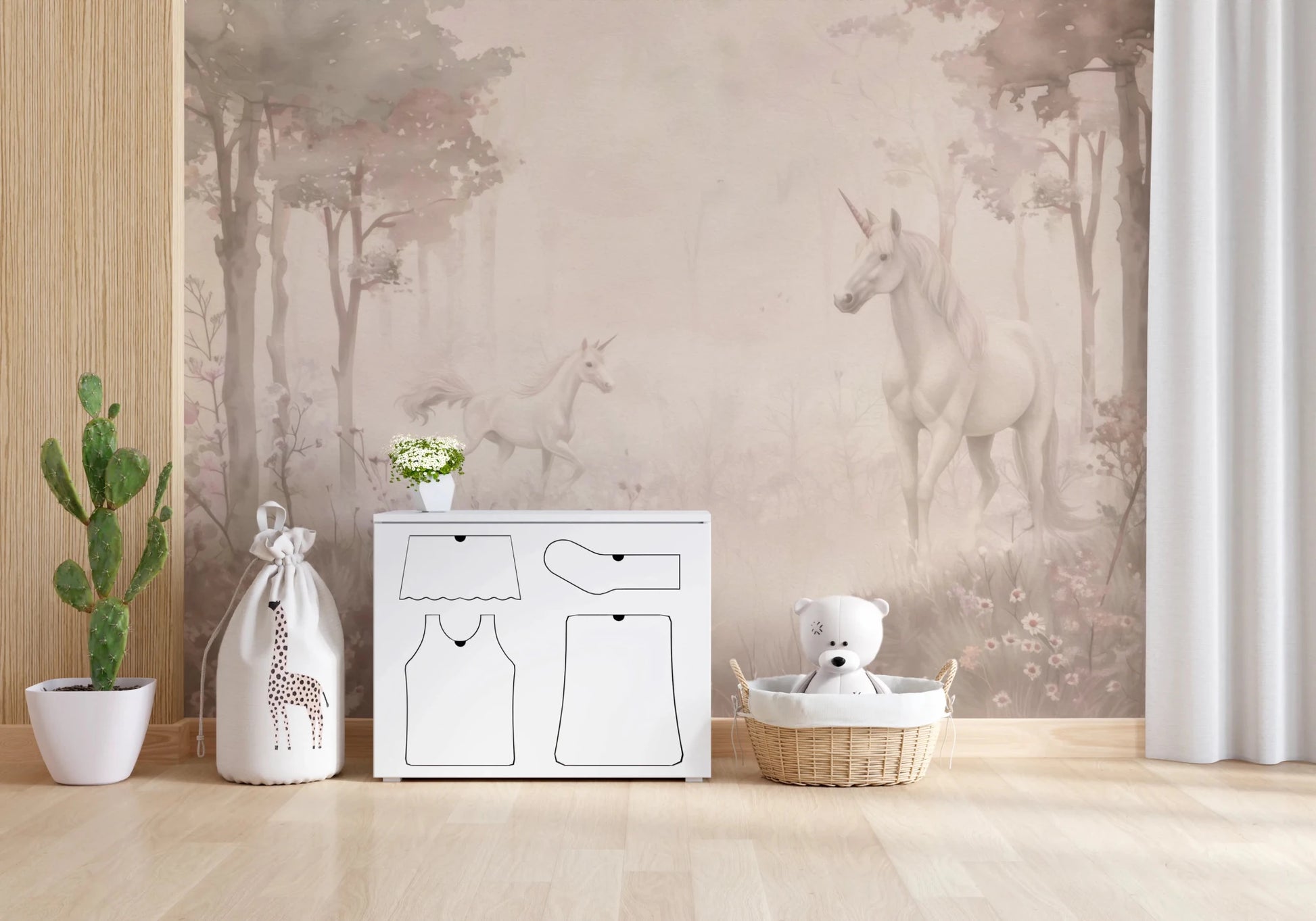 This nursery corner features Unicorns in a Magical Dreamy Forest Shell Wall Mural
