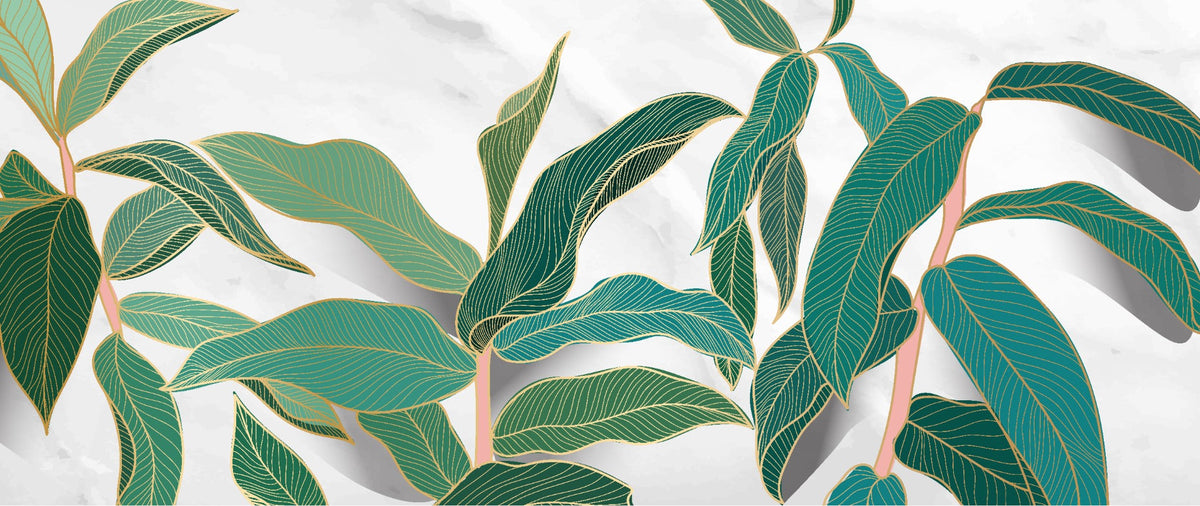 Tropical Gold Rimmed Leaves Wallpaper Mural in your room — zoomed