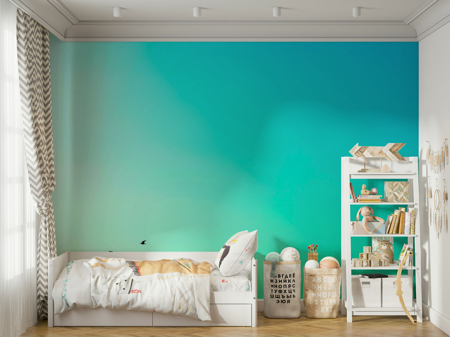 A peaceful flowing lines mural on decorative wallpaper.

