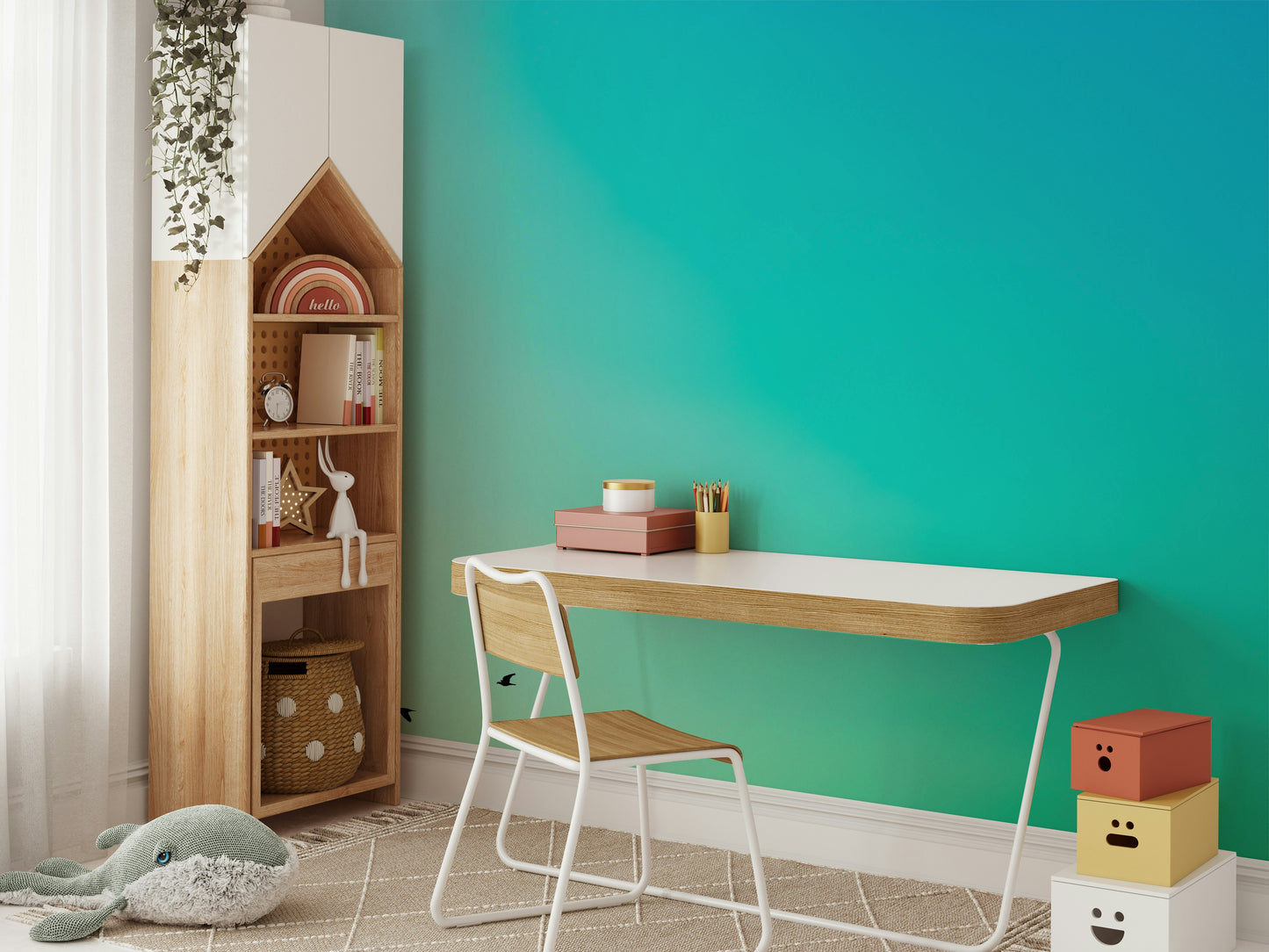 An artistic up and down mural on minimalist wallpaper.

