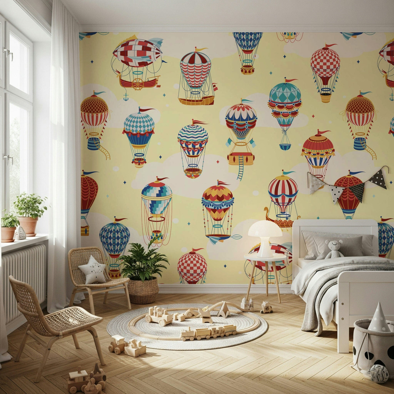 A beautiful whimsical balloon wallpaper mural ascending into the sky.