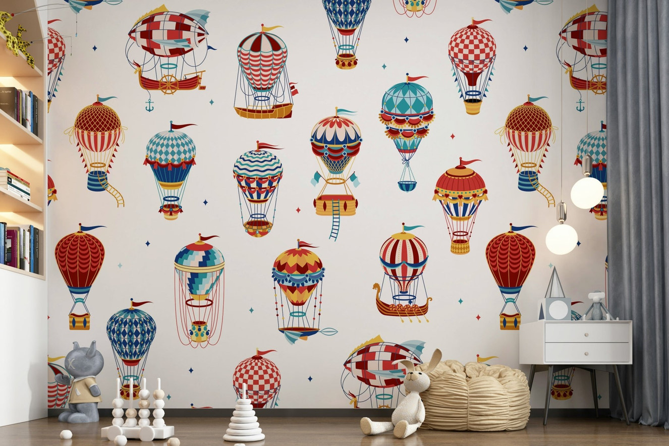 A beautiful whimsical sky wallpaper mural with floating elements and hot air balloons.