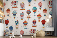 A beautiful whimsical sky wallpaper mural with floating elements and hot air balloons., GD5708