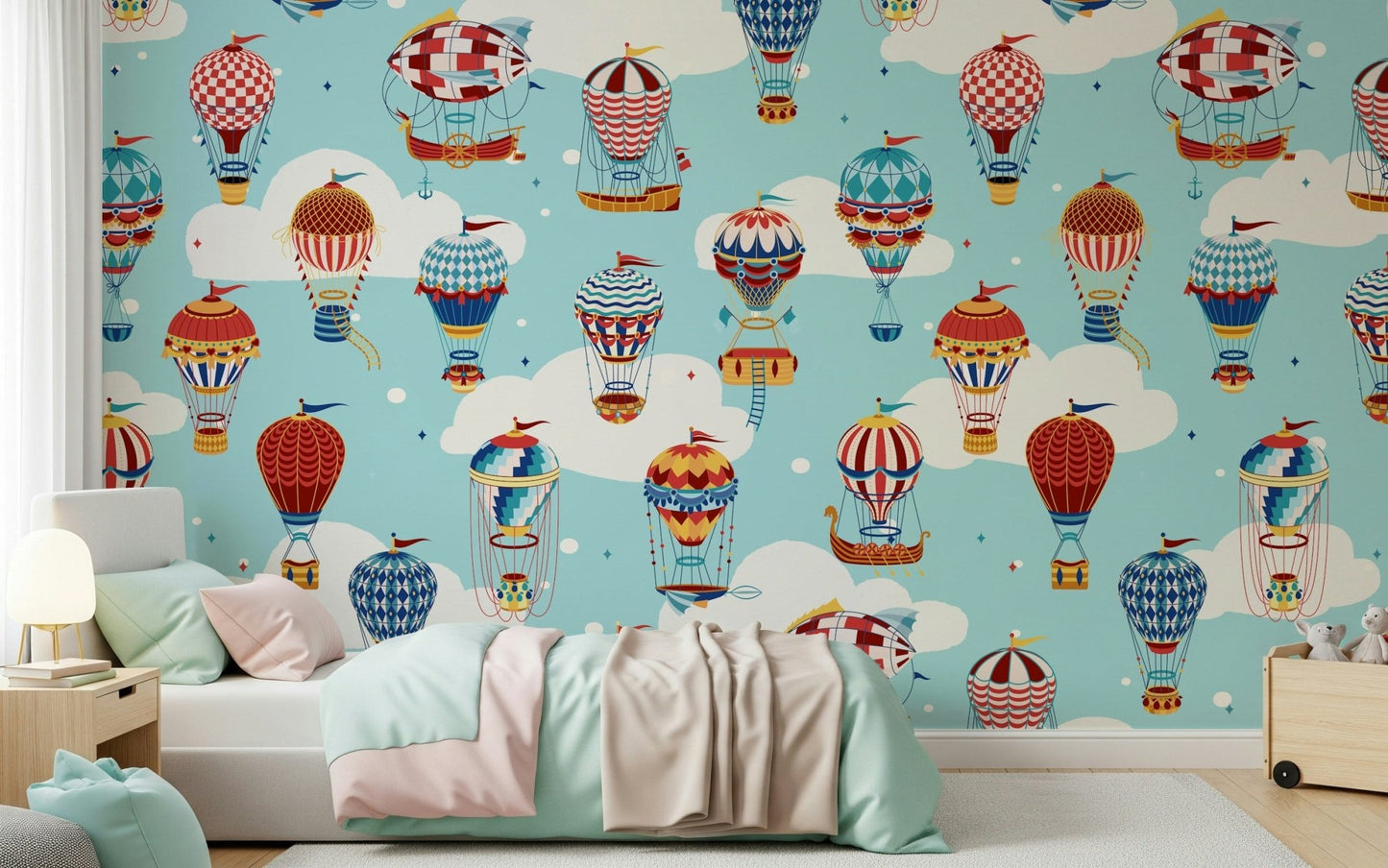 A serene subtle pattern wall mural of floating balloons.