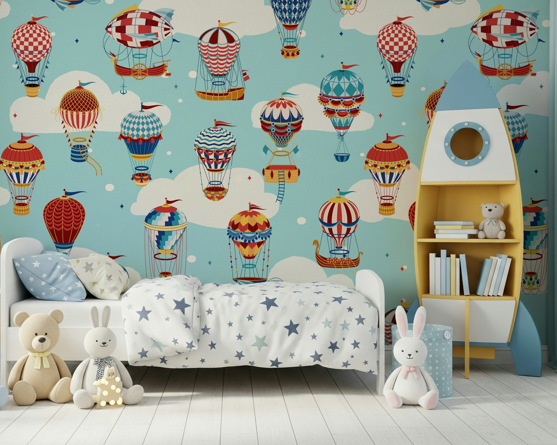 An artistic hot air balloon mural on minimalist wallpaper.