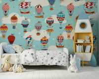 An artistic hot air balloon mural on minimalist wallpaper.
