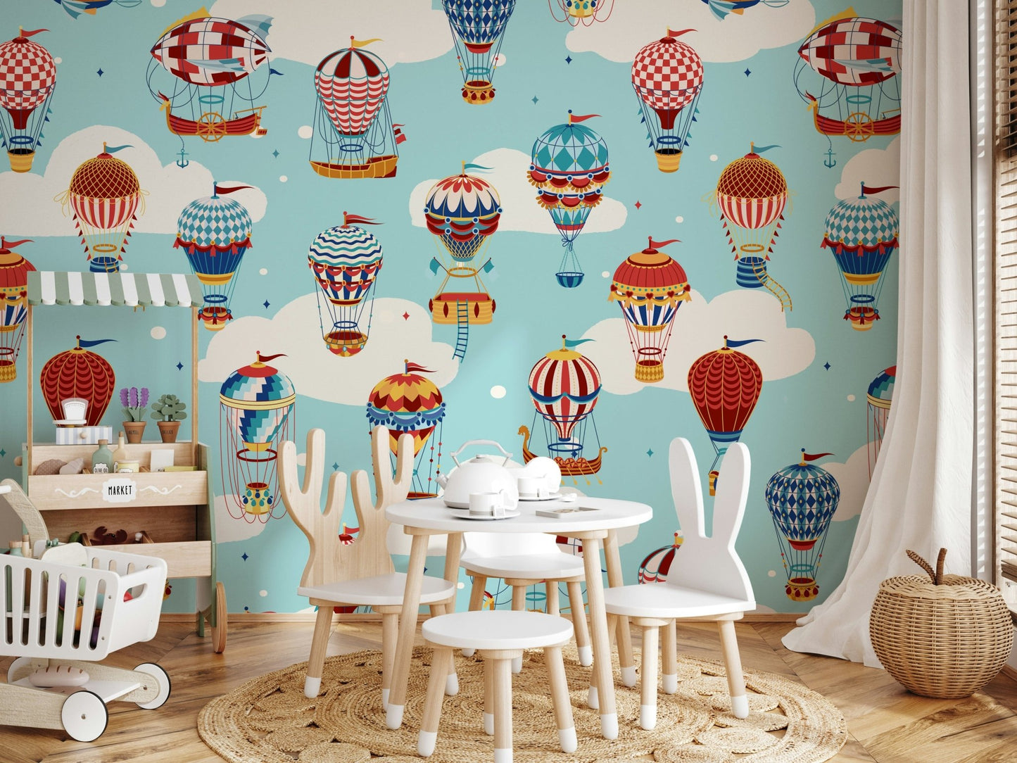A peaceful open sky mural on decorative wallpaper.