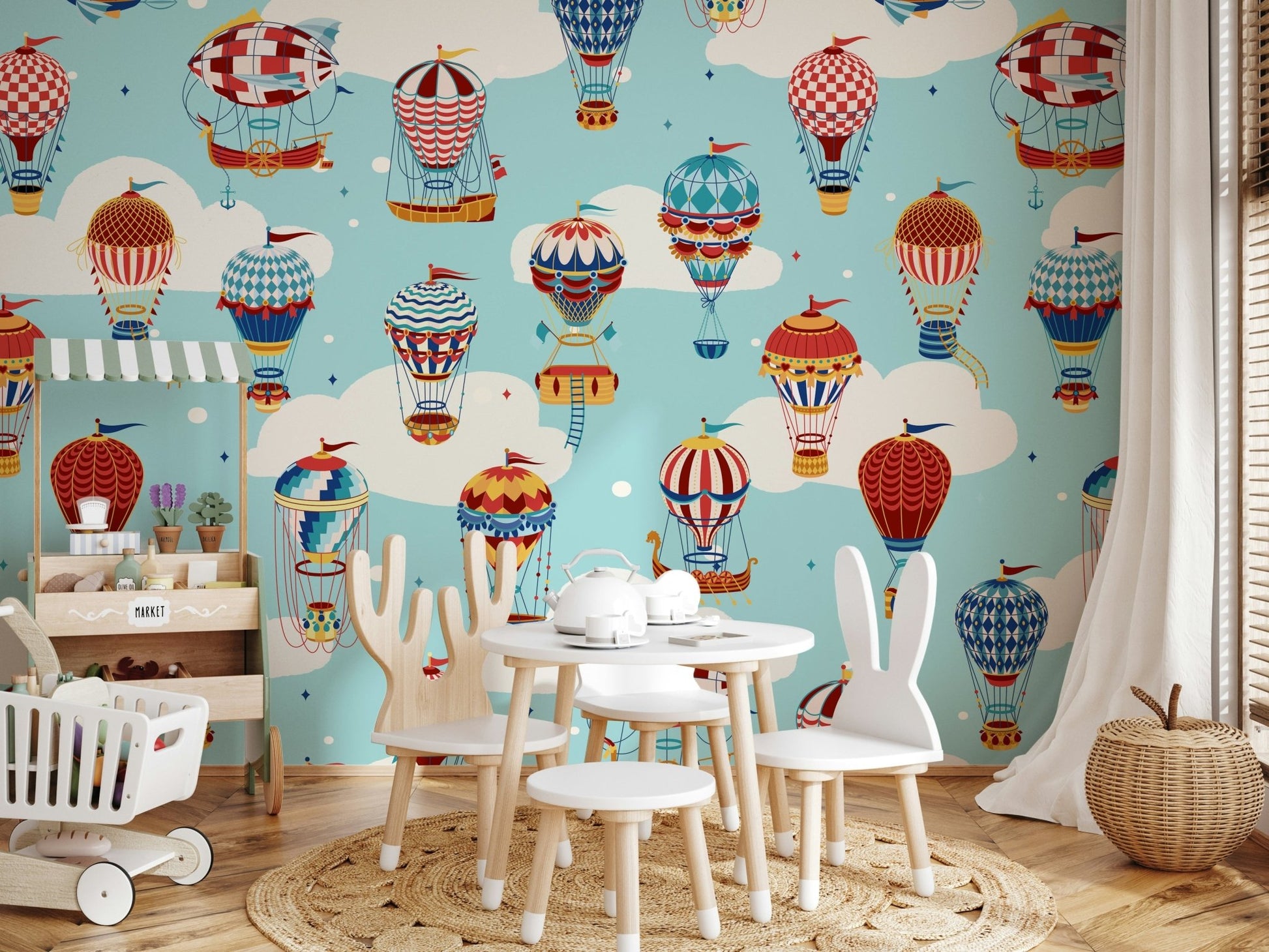 A peaceful open sky mural on decorative wallpaper.