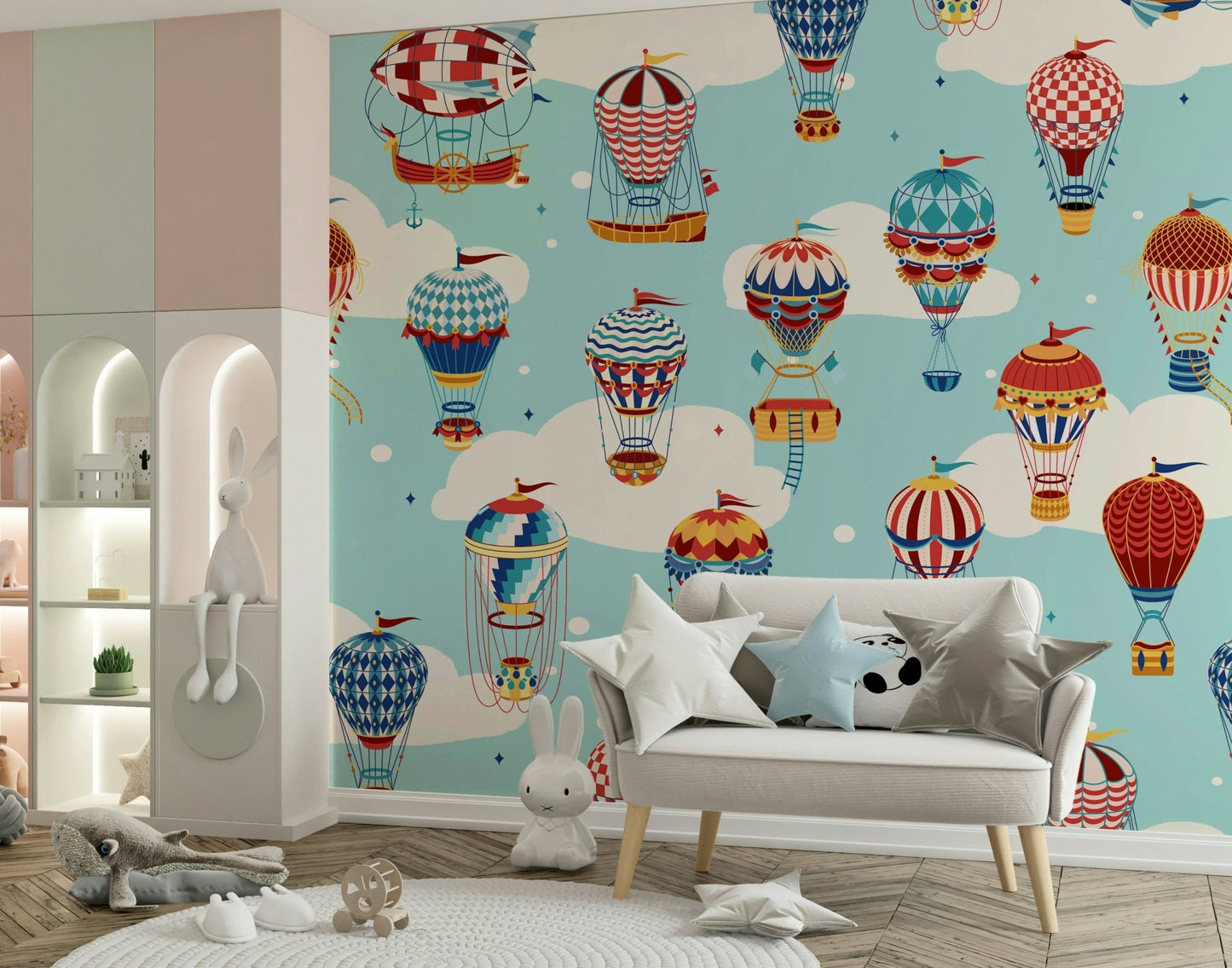A graceful subtle balloon wall mural in cool, tranquil tones.