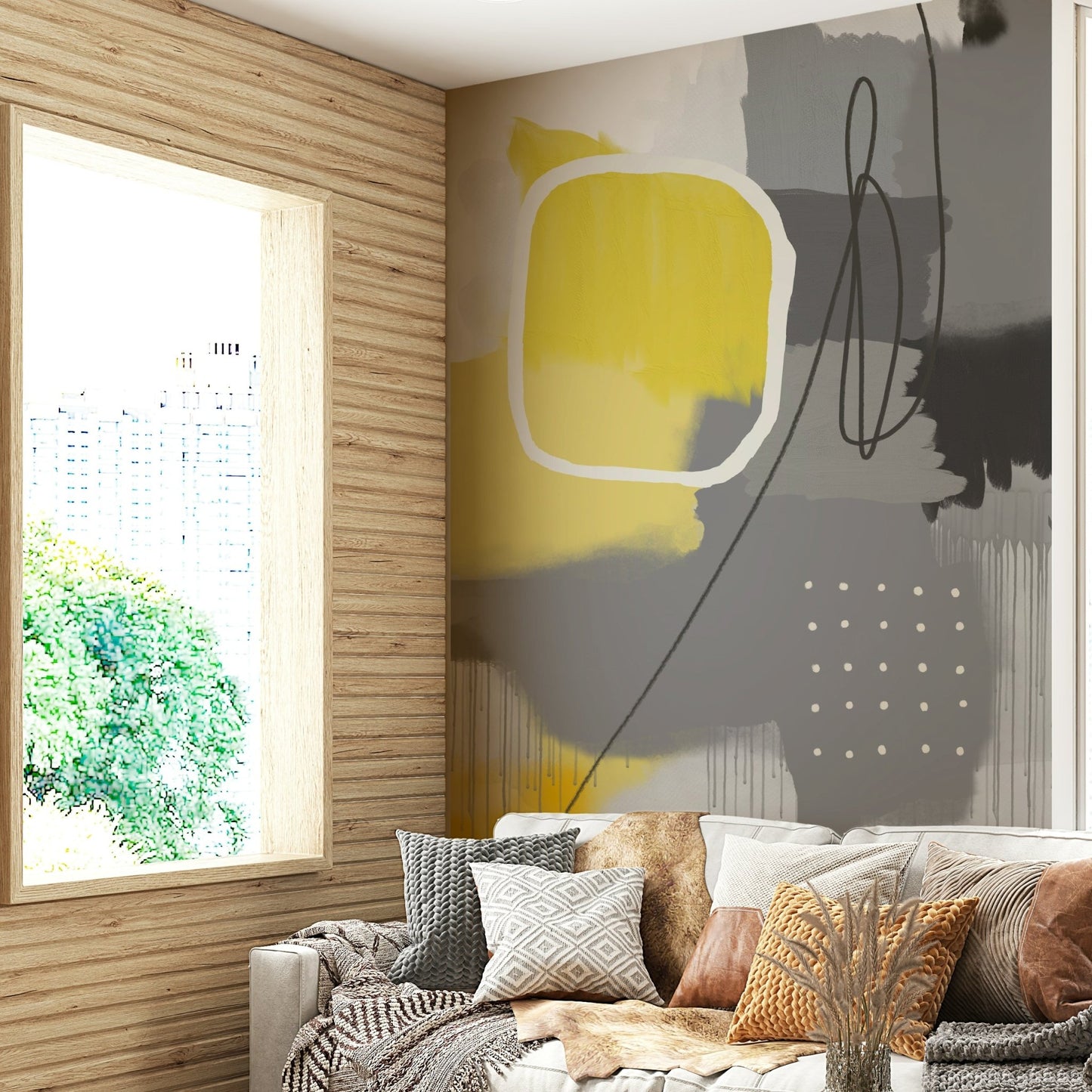 Abstract wall mural in yellow and grey tones

