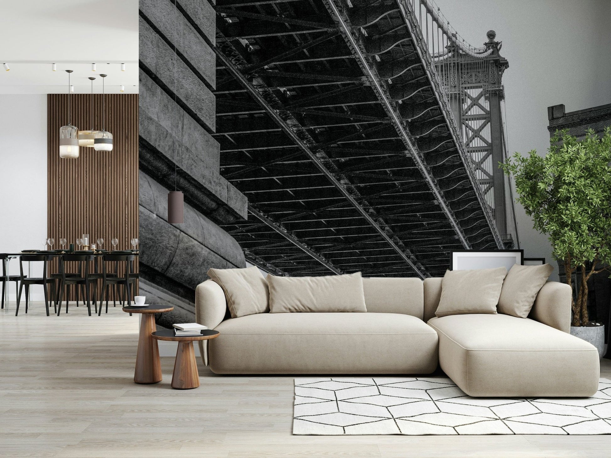 A peaceful geometric design mural on decorative wallpaper.