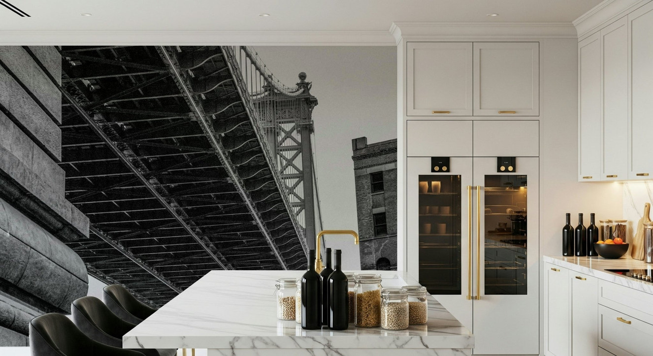 A beautiful black and white bridge wallpaper mural with urban, geometric arches.