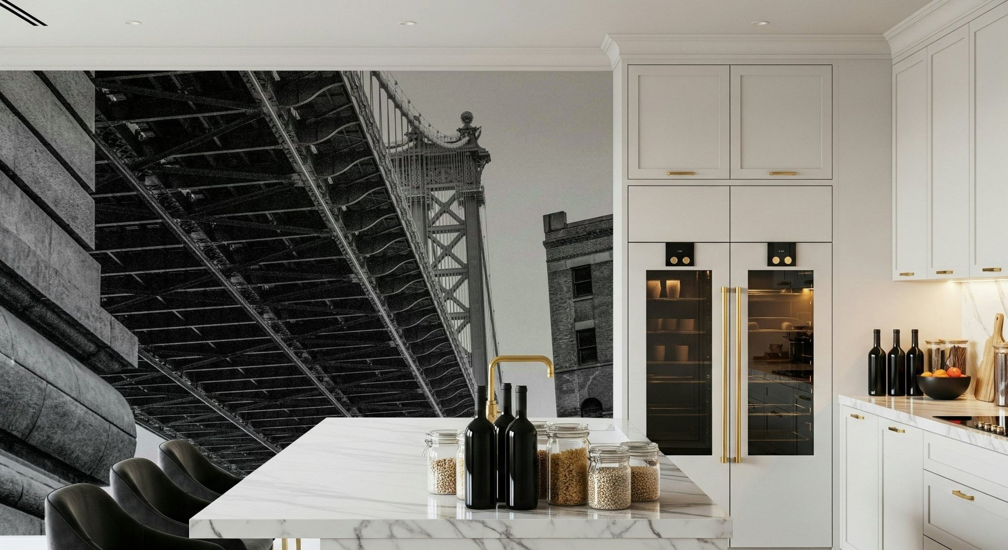 A beautiful black and white bridge wallpaper mural with urban, geometric arches., GD5921