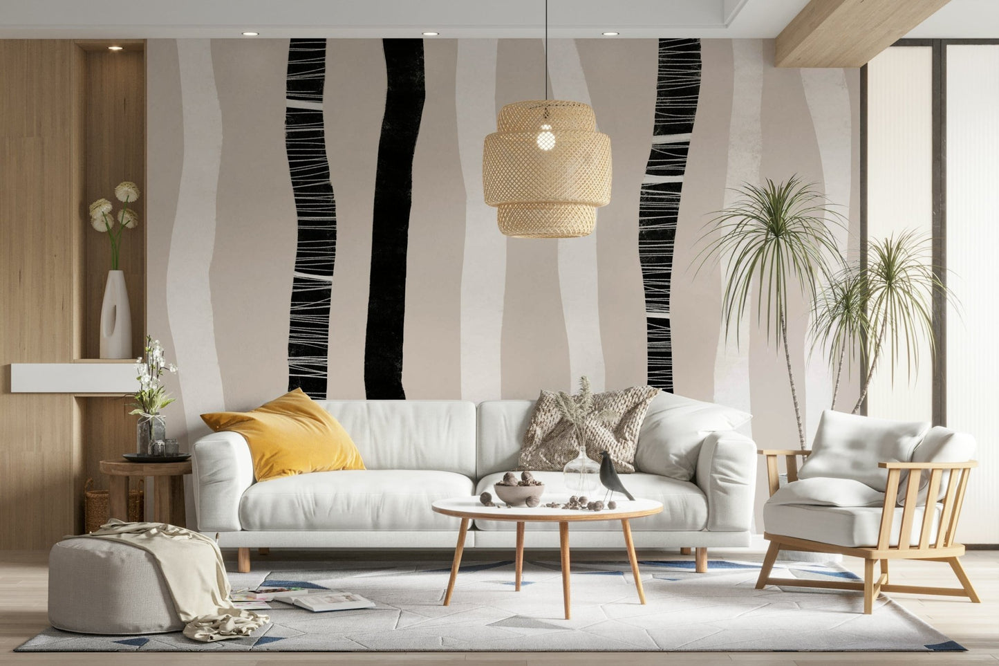 An artistic stylized birch mural on minimalist wallpaper.

