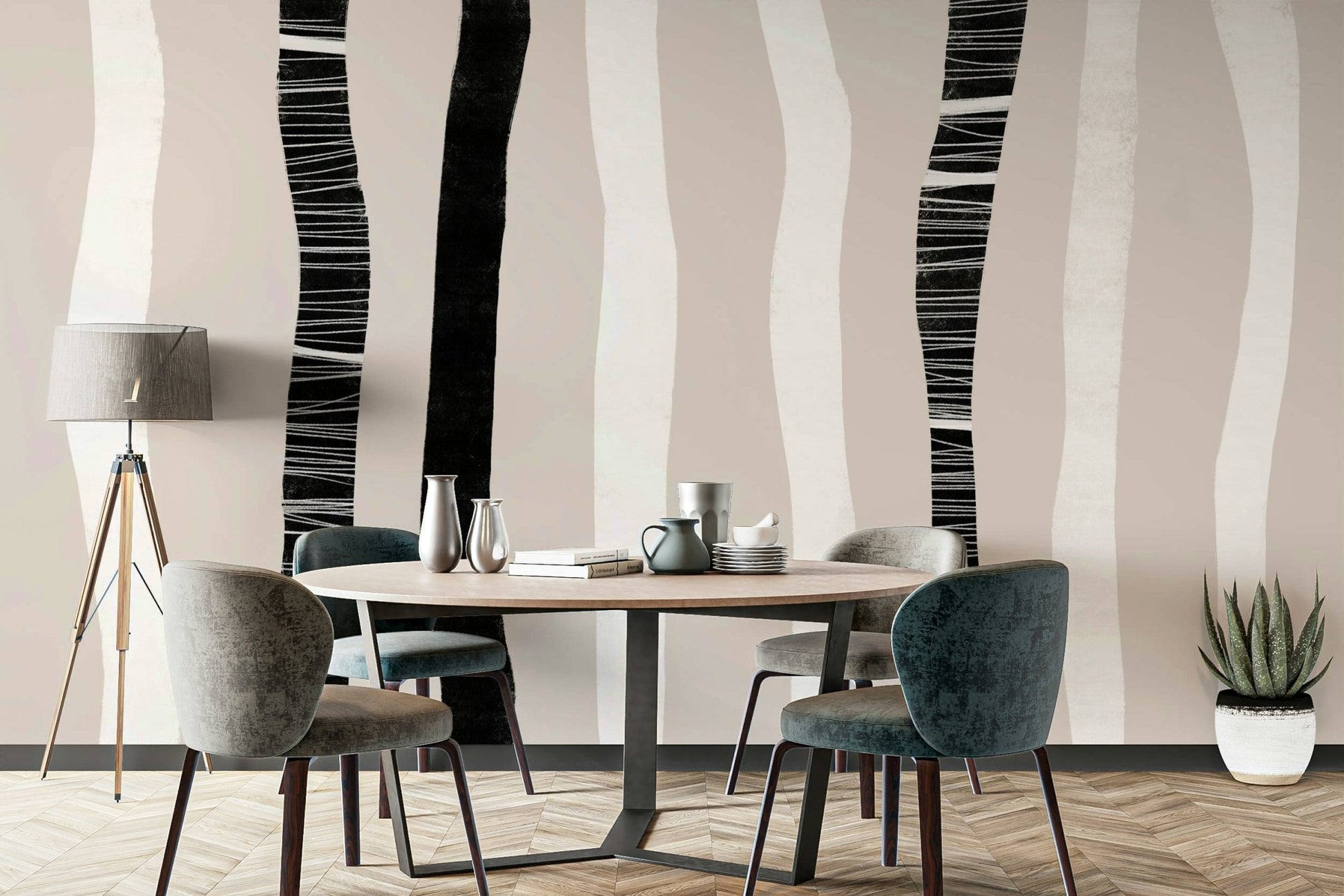 A graceful subtle tree wall mural in cool, natural tones.

