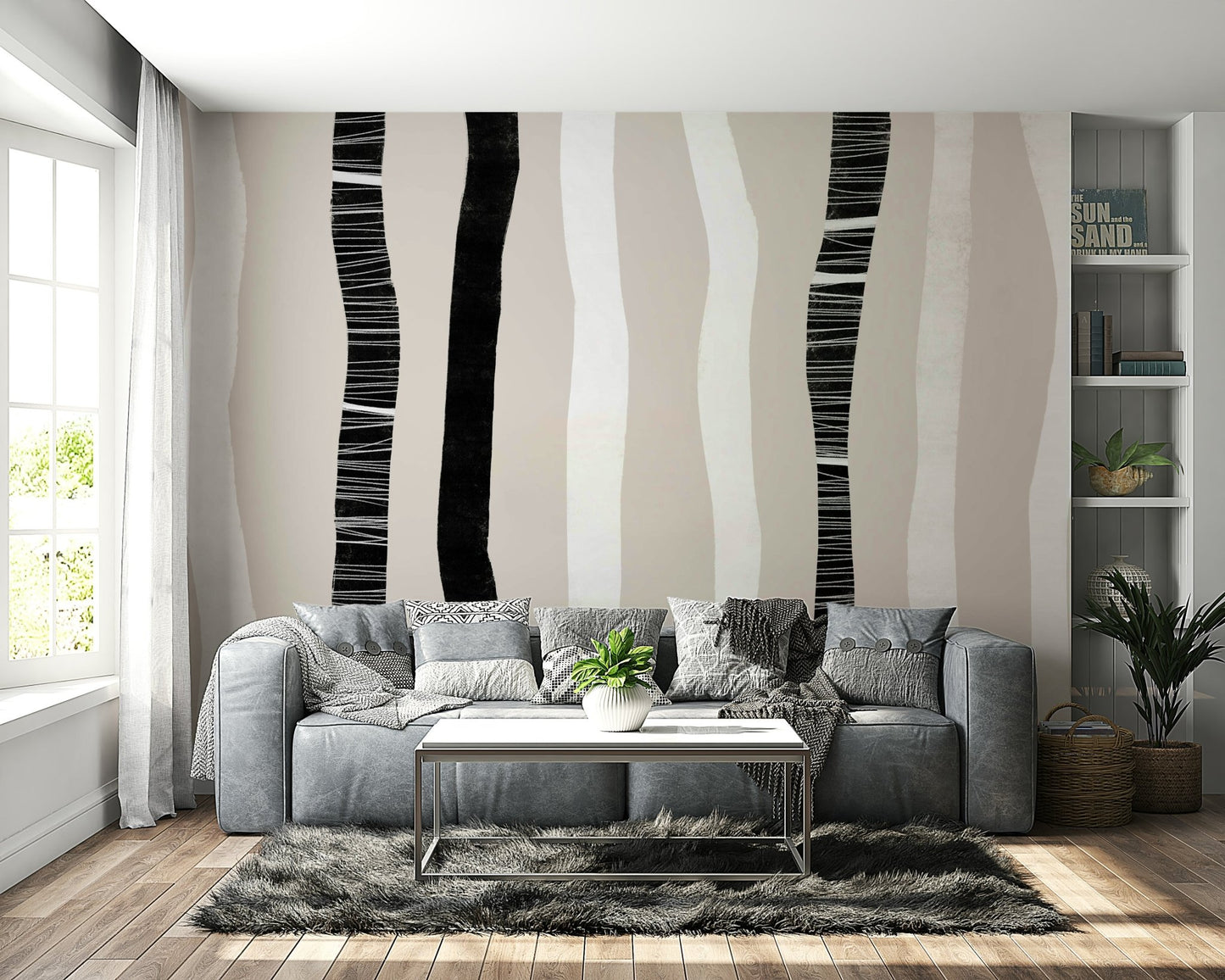 A peaceful tree line design mural on decorative wallpaper.

