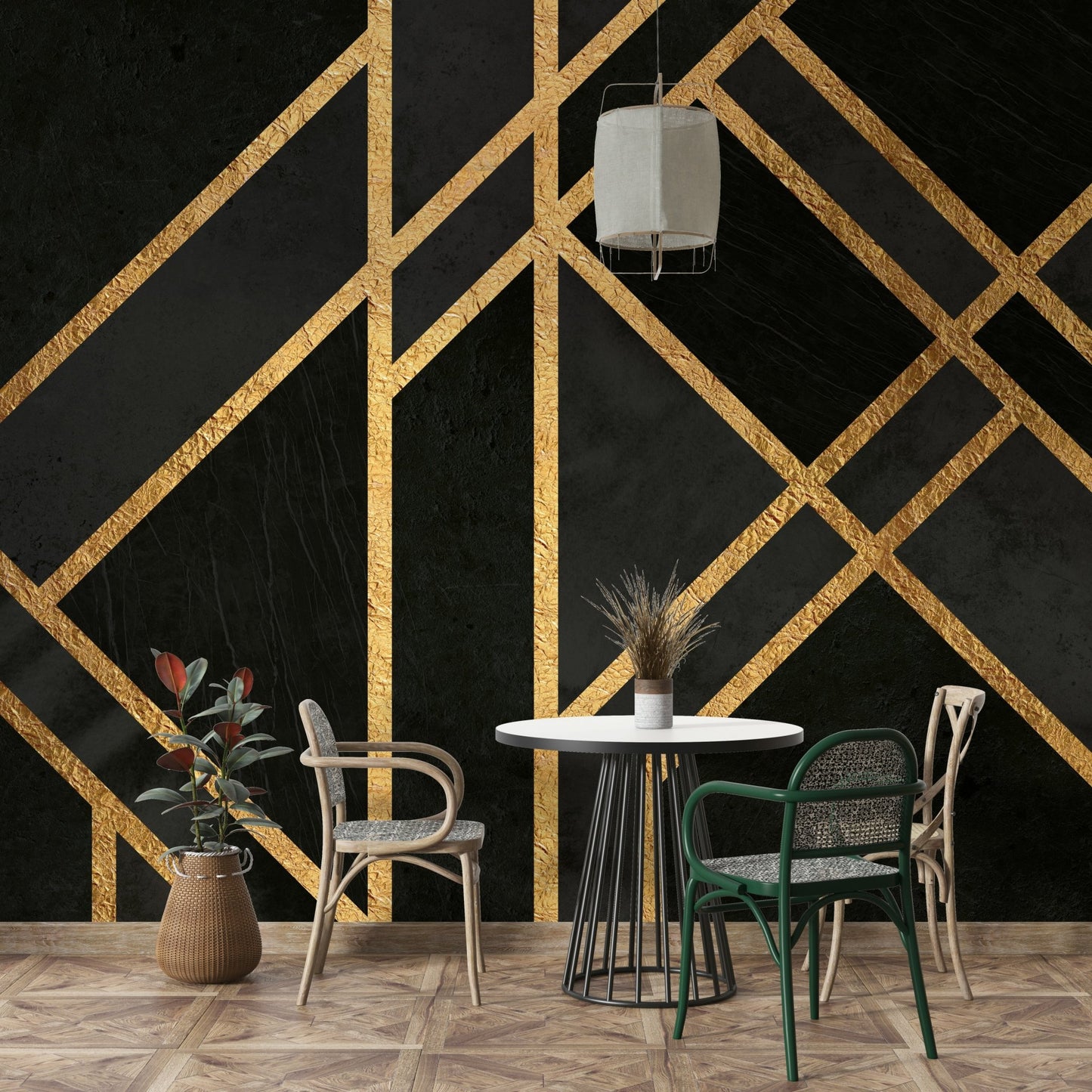 Sleek black wall mural with Deco pattern

