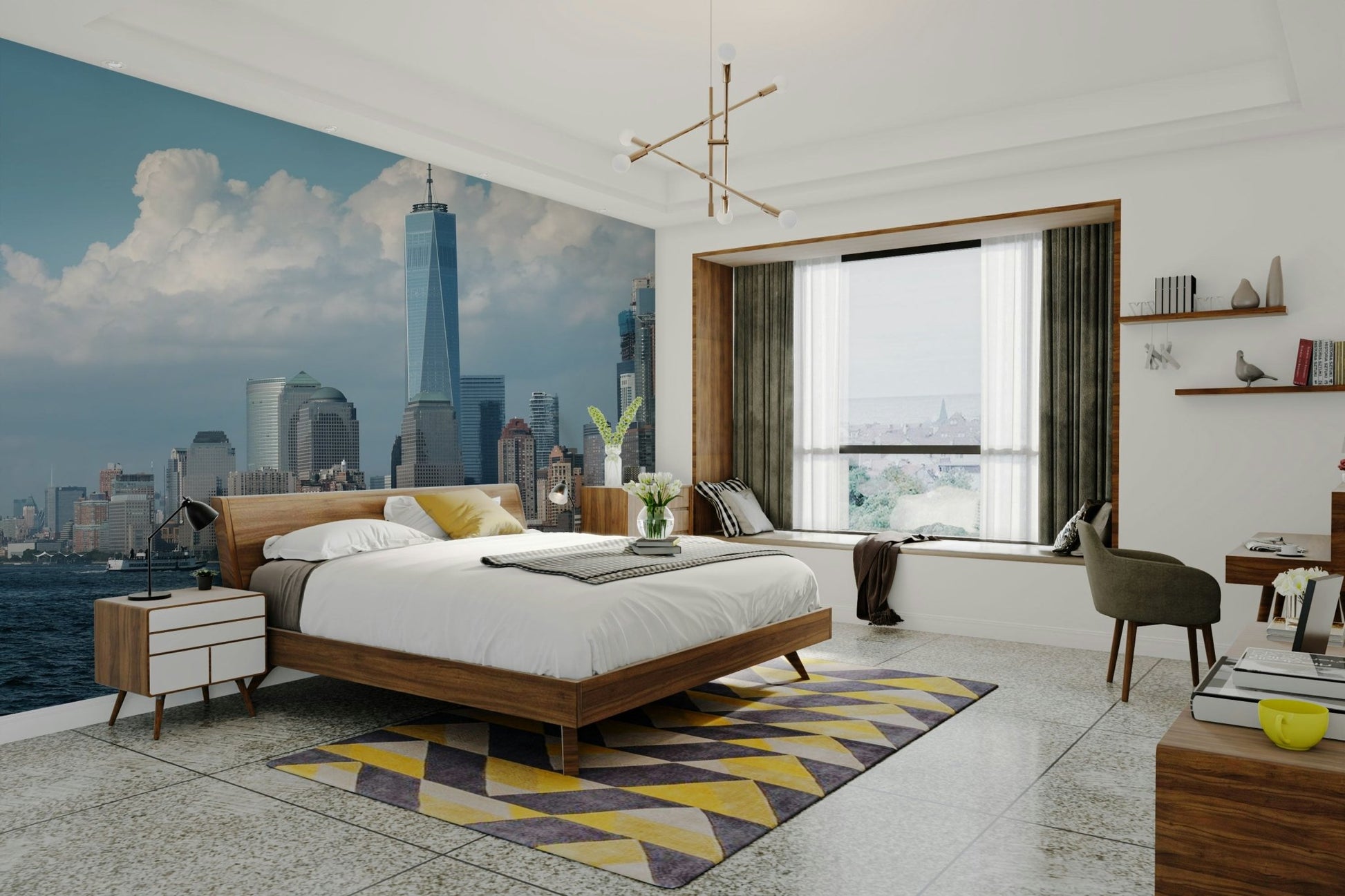 Manhattan skyline over water
