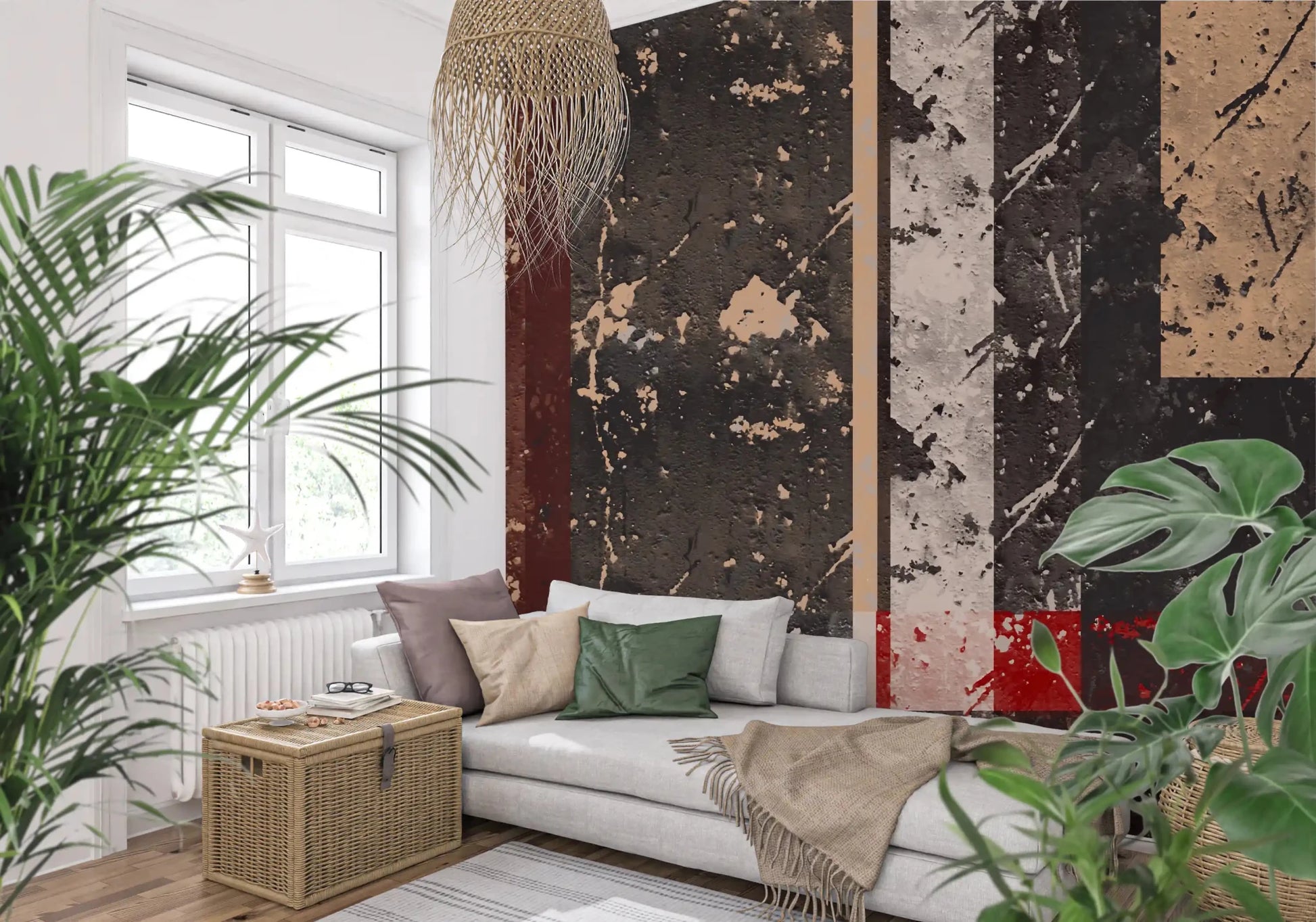 Living area showcasing the dark textured wall muralGD9519