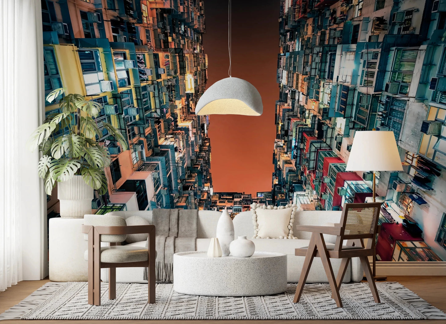 Skyward view of city apartments wallpaper for a creative studio