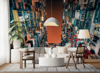 Skyward view of city apartments wallpaper for a creative studio