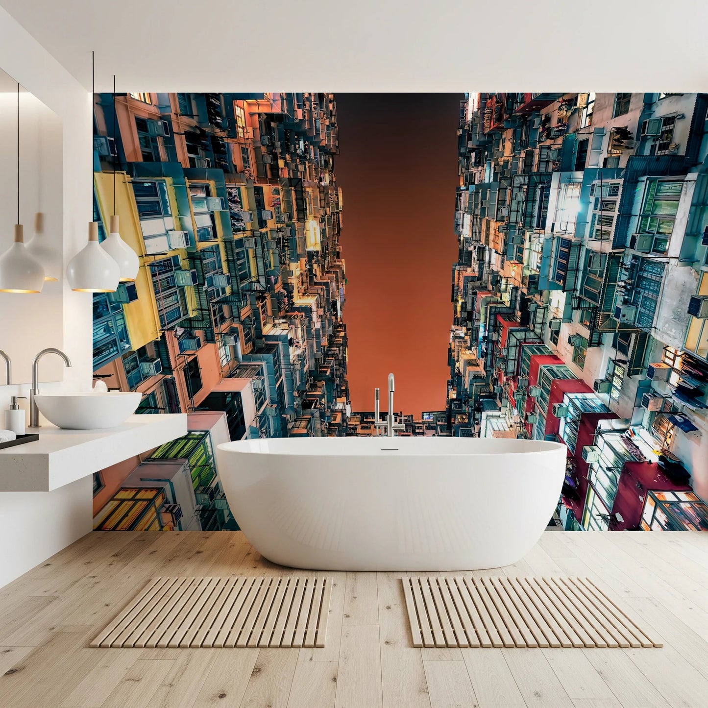 Textured urban canyon wall mural depicting multi-storey living spaces