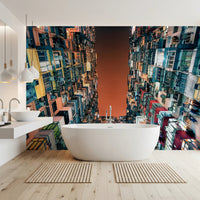 Textured urban canyon wall mural depicting multi-storey living spaces