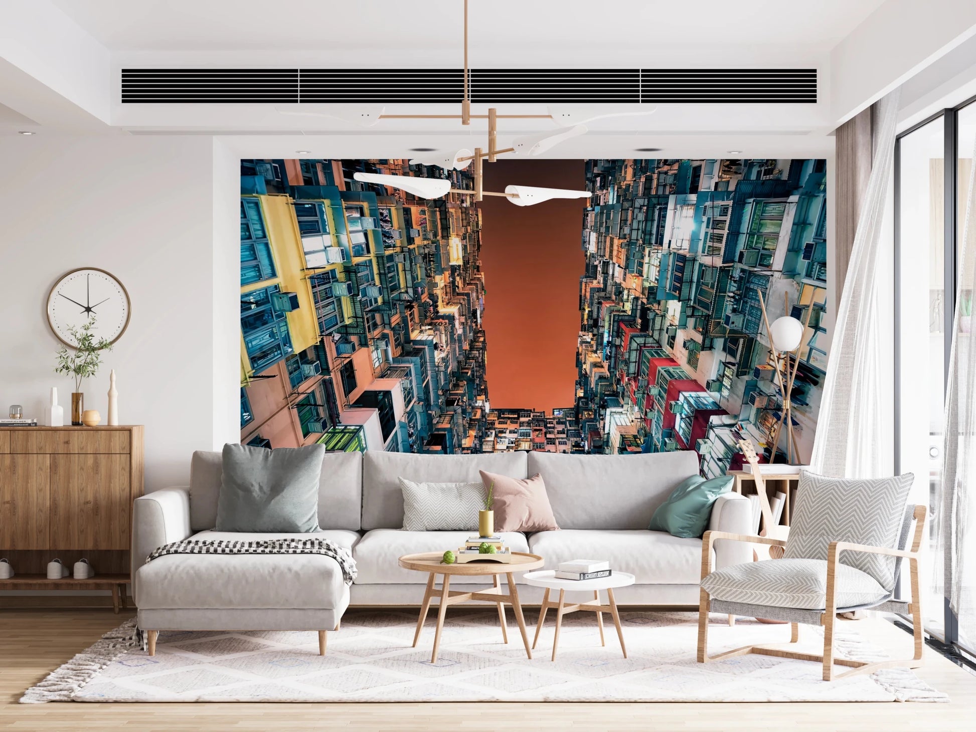 Architectural city wall mural with a moody sunset orange sky