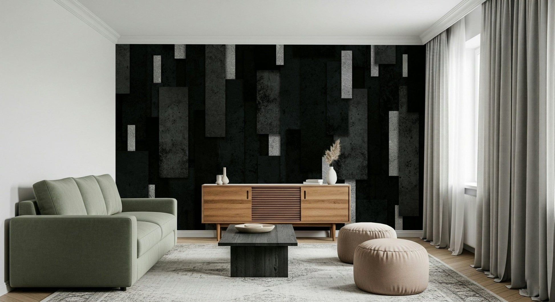 Modern abstract layers of the Urban Charcoal and Silver Layers Wall Mural.