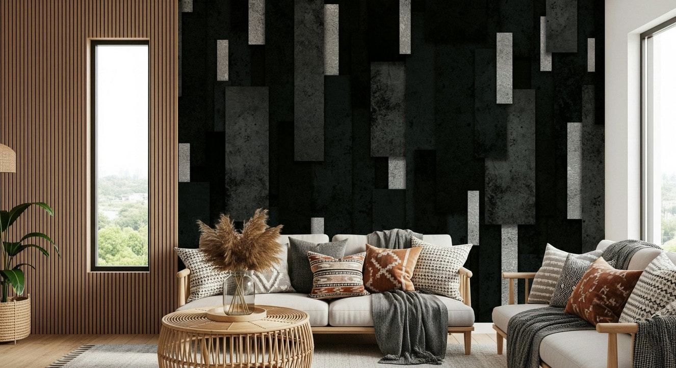 Urban Charcoal and Silver Layers Wall Mural in a luxury living room.
