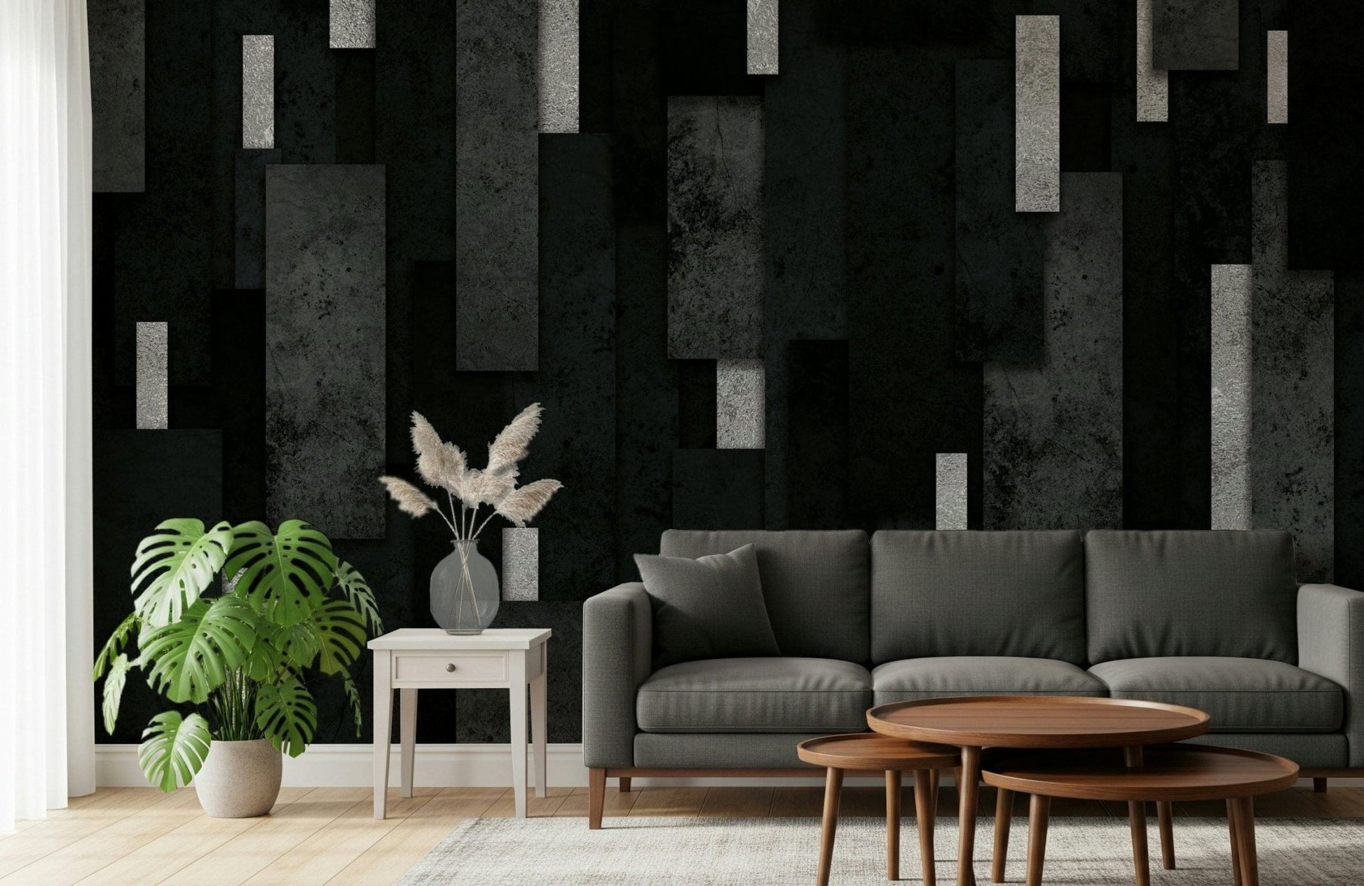 Metallic silver accents on the Urban Charcoal and Silver Layers Wall Mural.
