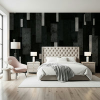Urban Charcoal and Silver Layers Wall Mural behind a gray upholstered bed.