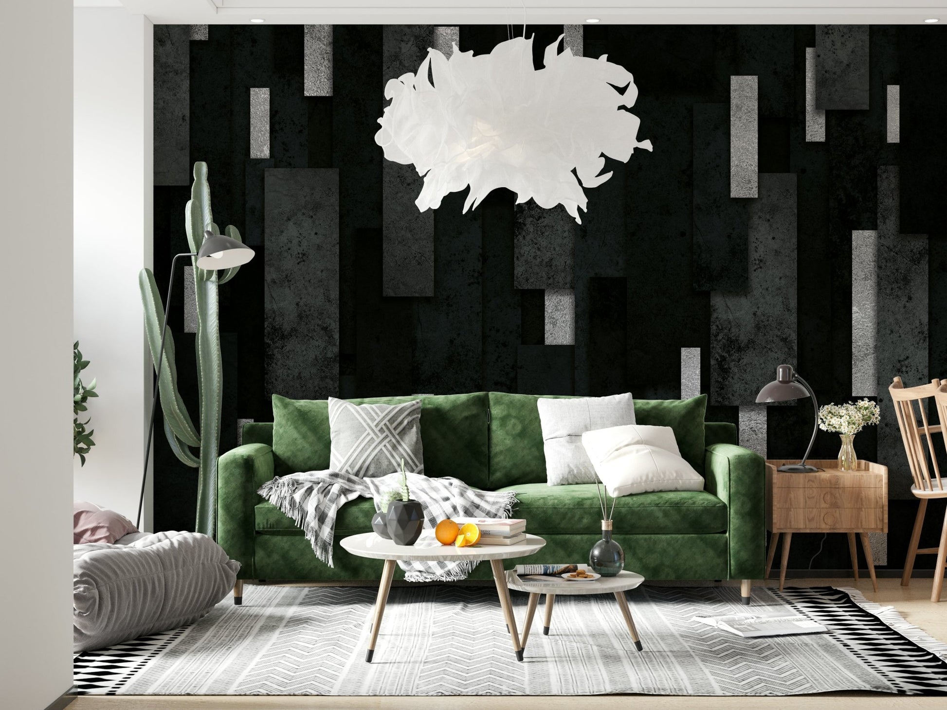 Industrial-inspired design elements in the Urban Charcoal and Silver Layers Wall Mural.