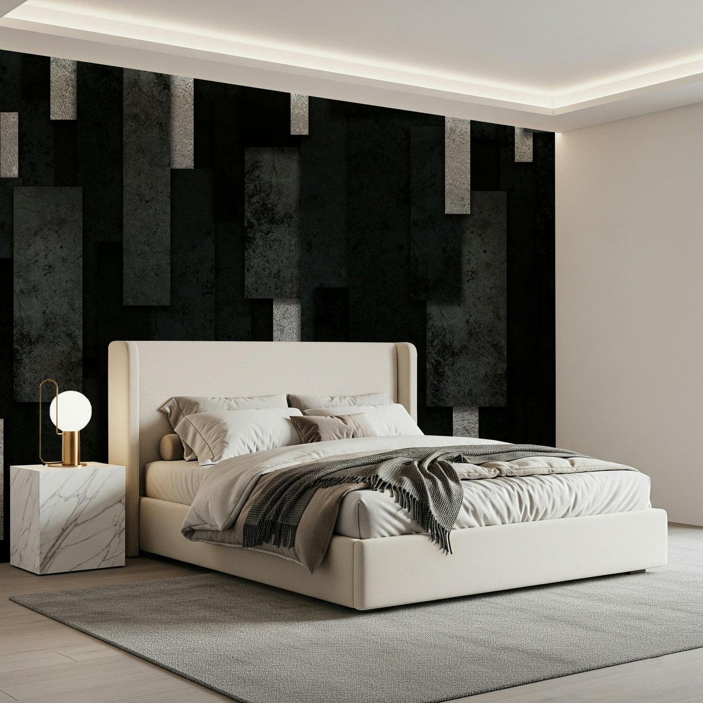 Full view of a chic apartment with the Urban Charcoal and Silver Layers Wall Mural.