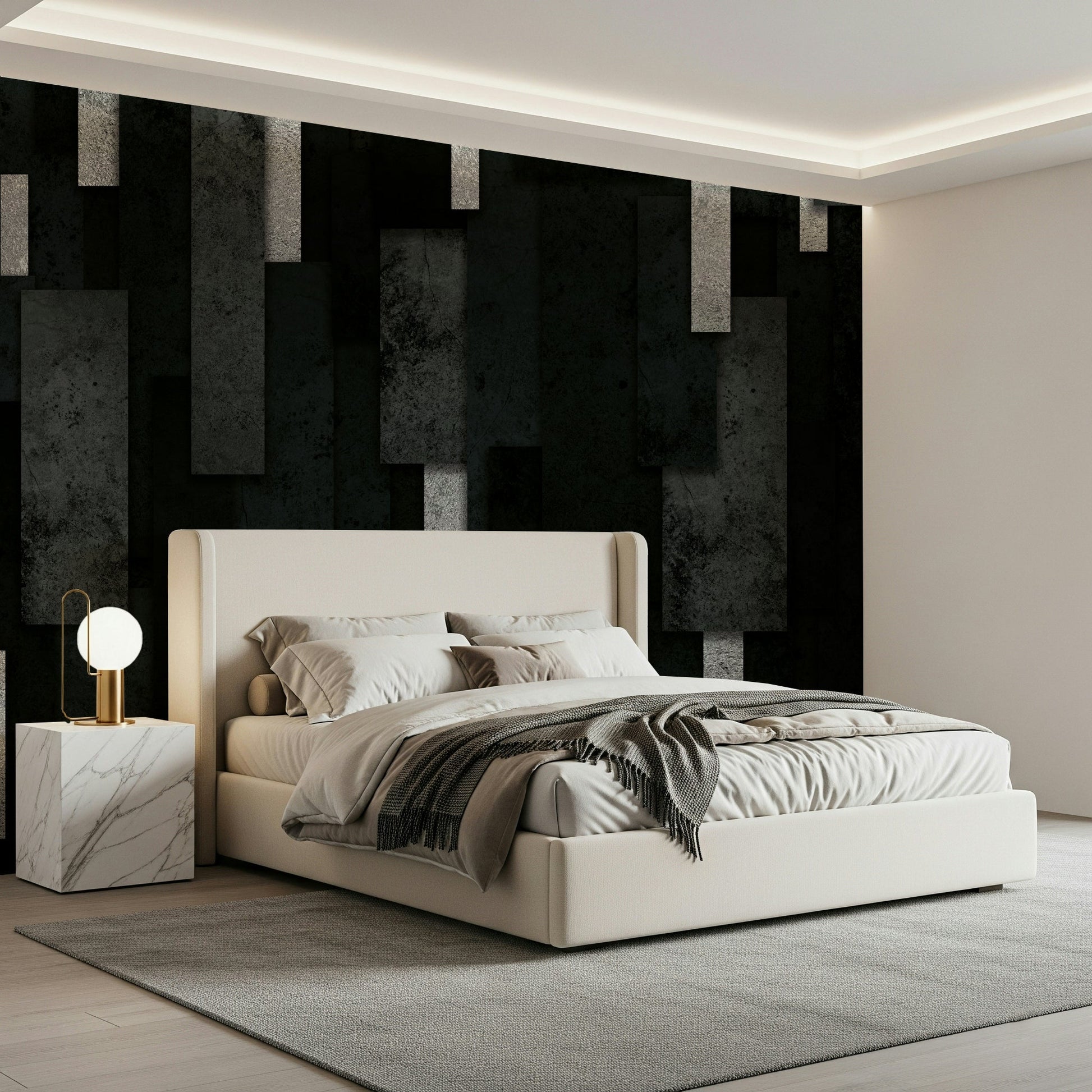 Full view of a chic apartment with the Urban Charcoal and Silver Layers Wall Mural.
