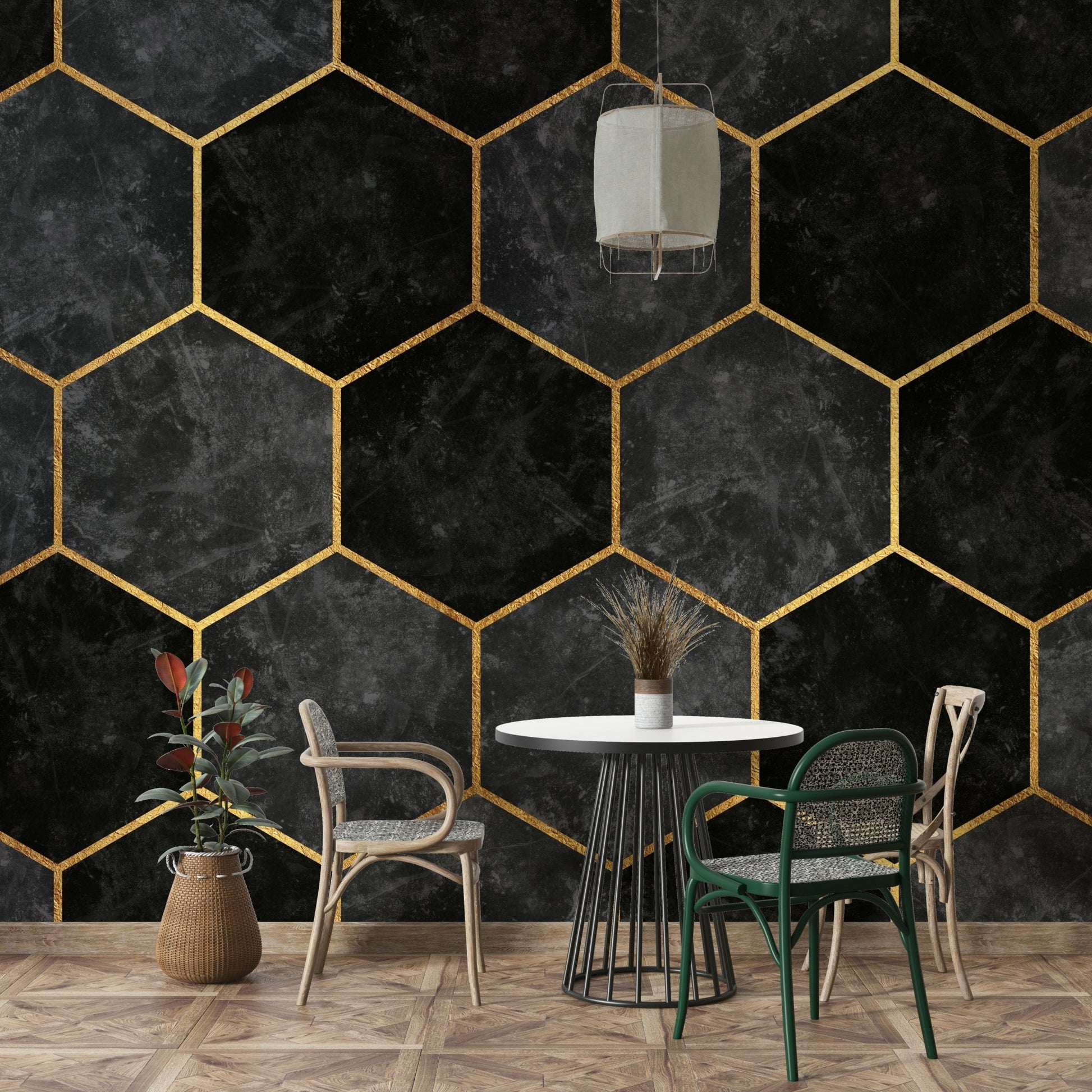 Urban Style Charcoal Hexagon Mural for Living Spaces, GD1792