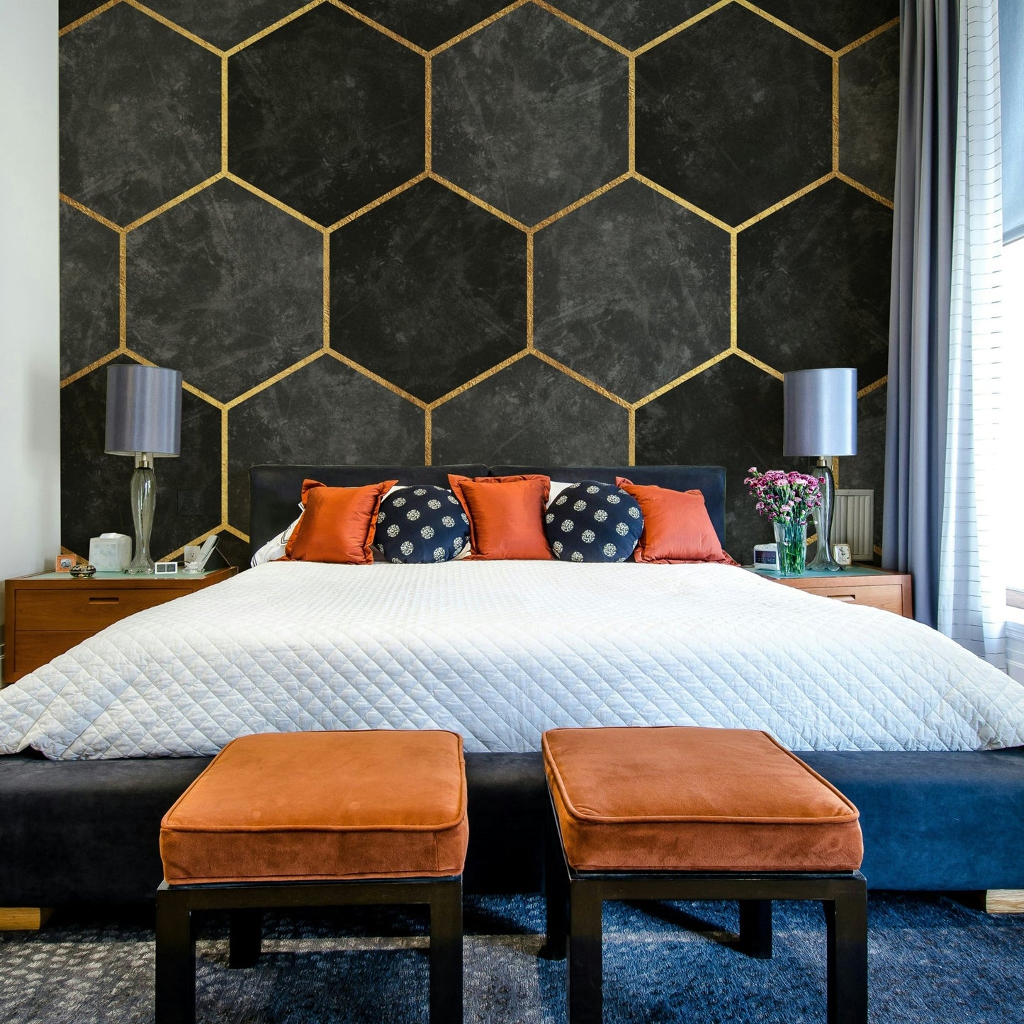 Modern Charcoal Hexagon Mural for Urban Interiors, GD1792