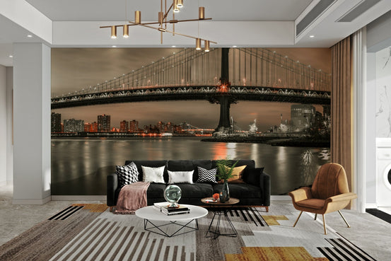 Urban Crossing wall mural showing a lit suspension bridge over calm water at dusk GD4988
