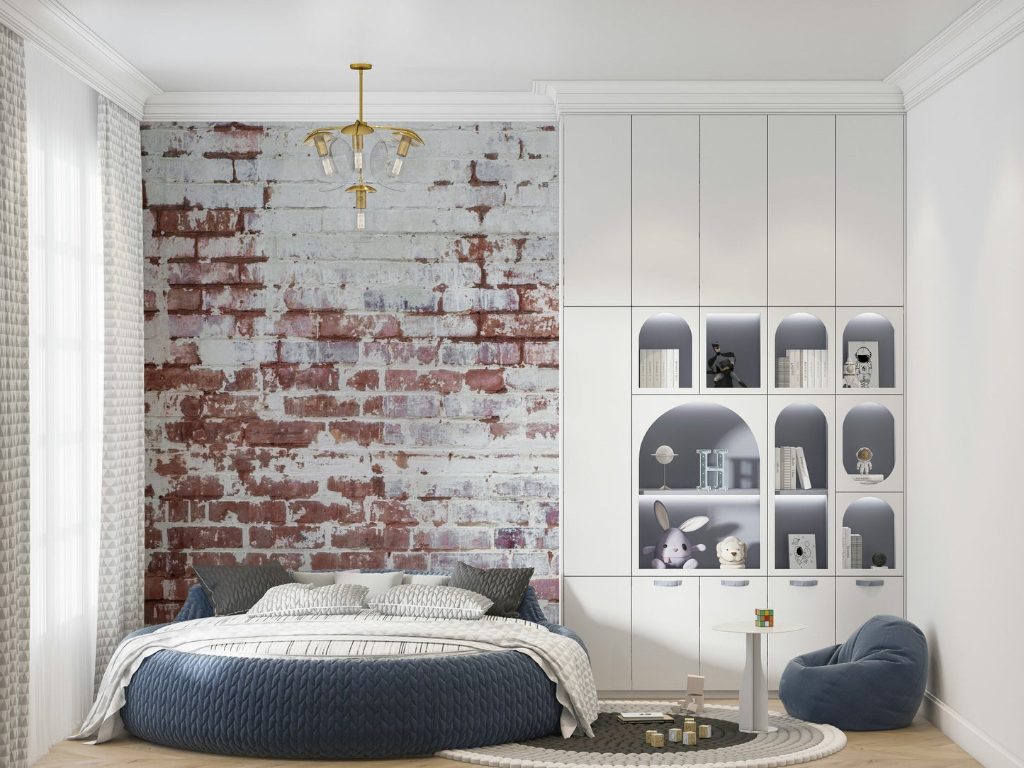 Full view of a trendy cafe using the large-scale Urban Decay Brick Wall Mural.