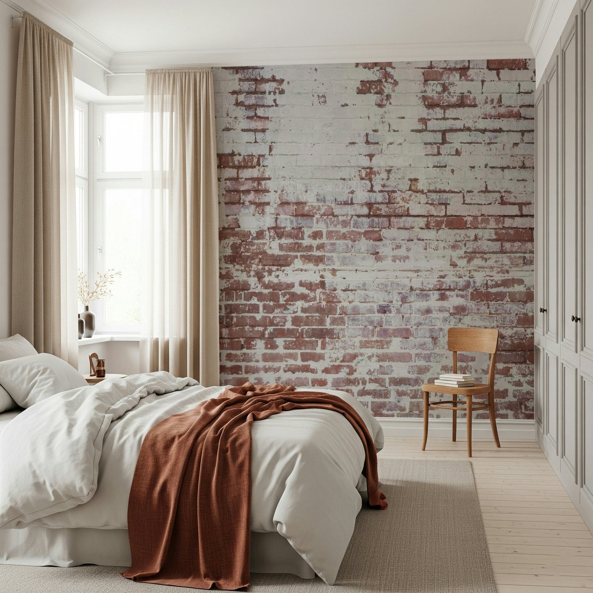 Bedroom headboard feature wall with the striking Urban Decay peel and stick wallpaper.