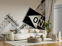 A beautiful monochrome street sign wallpaper mural featuring an urban direction sign in NYC.