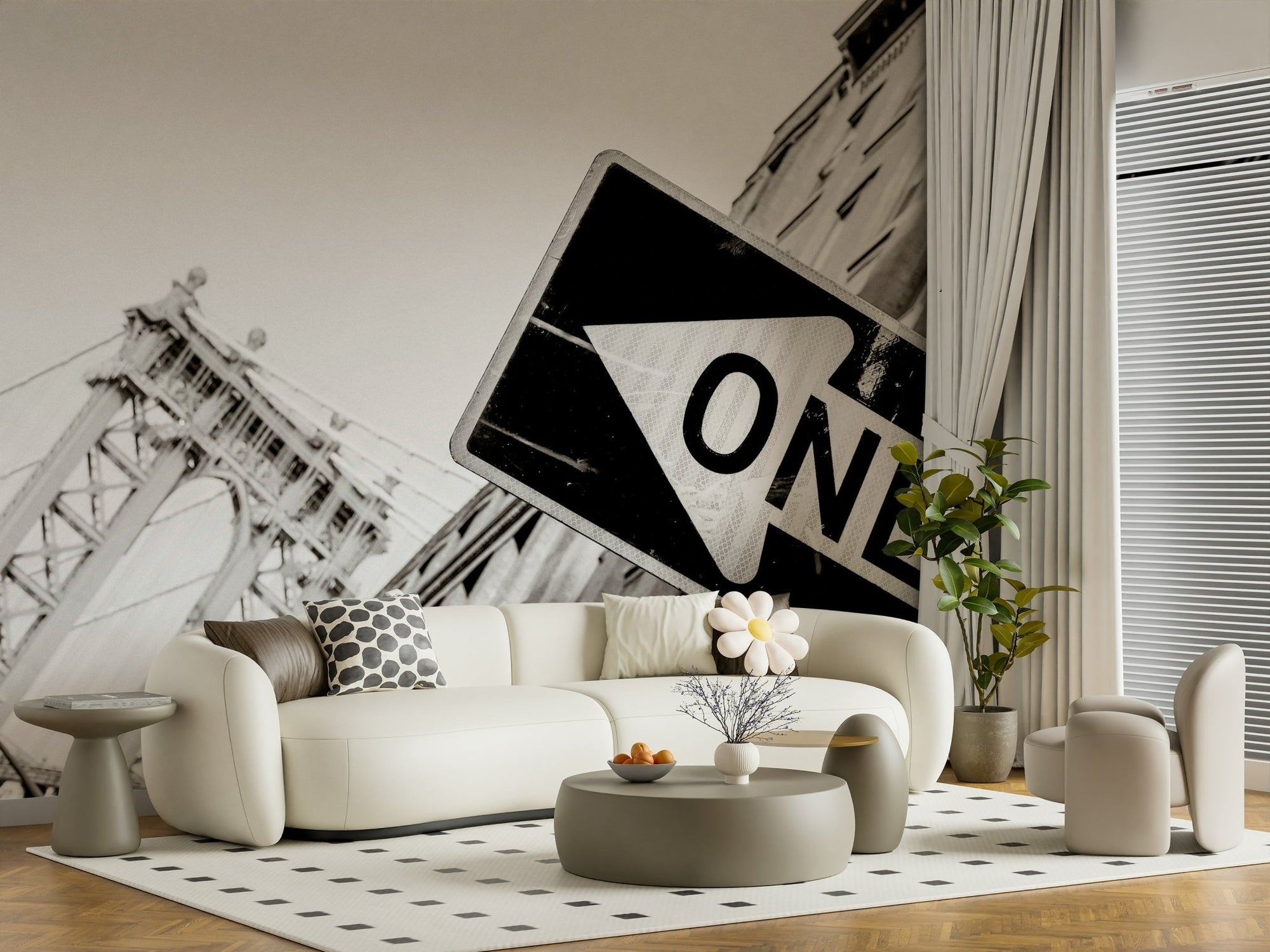 A beautiful monochrome street sign wallpaper mural featuring an urban direction sign in NYC., GD5947