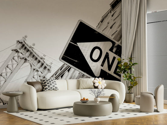 A beautiful monochrome street sign wallpaper mural featuring an urban direction sign in NYC., GD5947