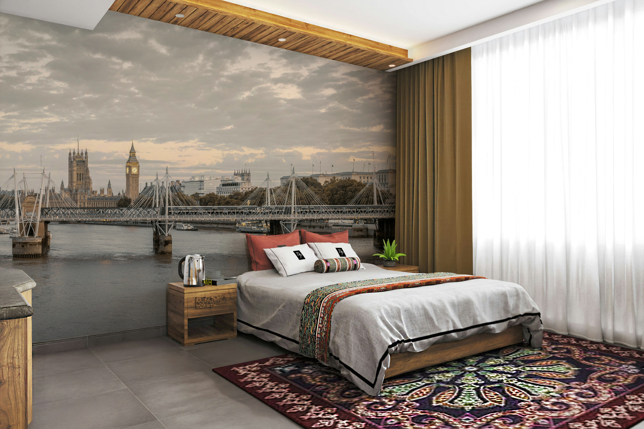 A beautiful urban skyline wallpaper mural at twilight.

