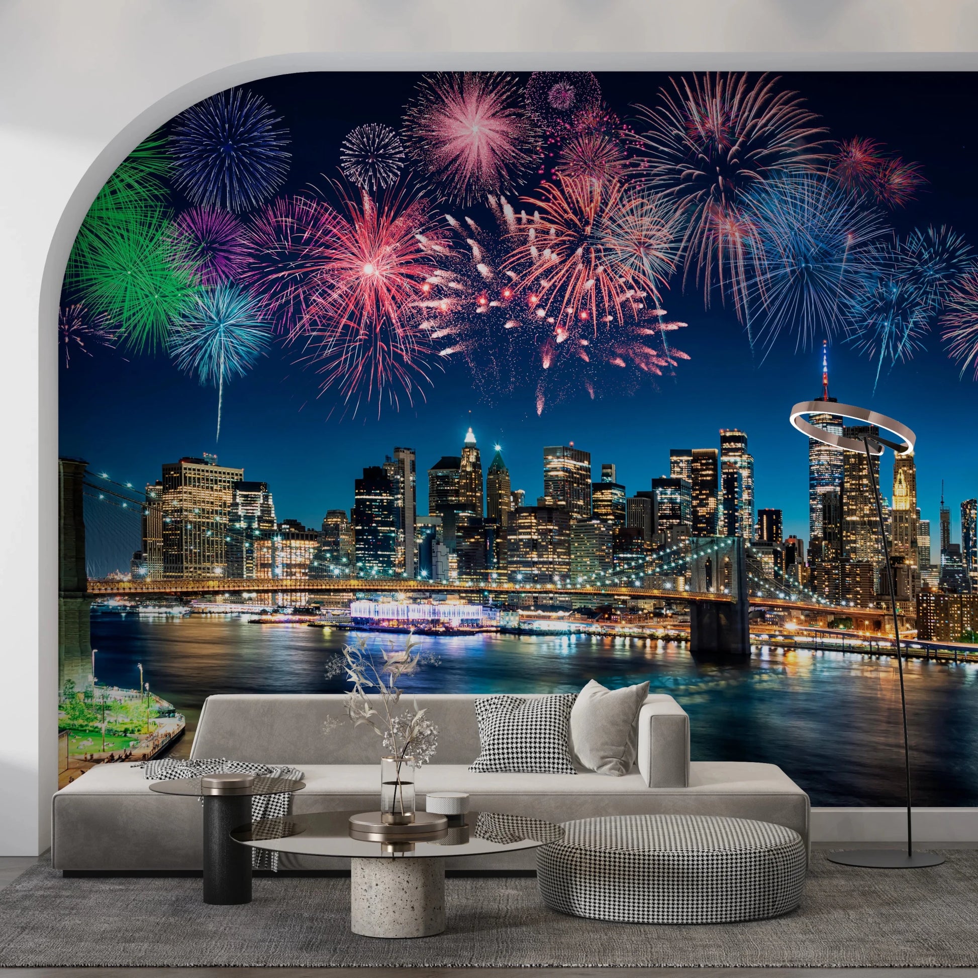 City skyline wallpaper featuring colourful pyrotechnics and city lights.