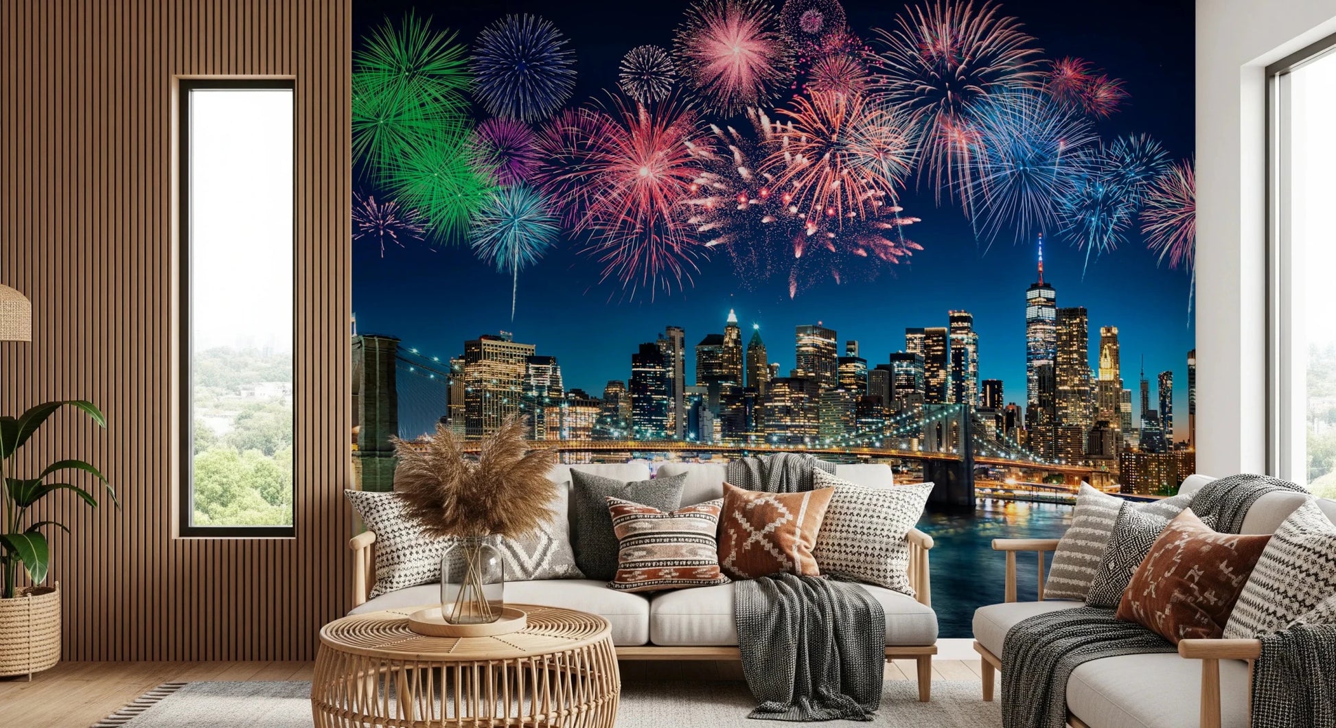 Modern festive celebration wall mural with golden trails over a cityscape.